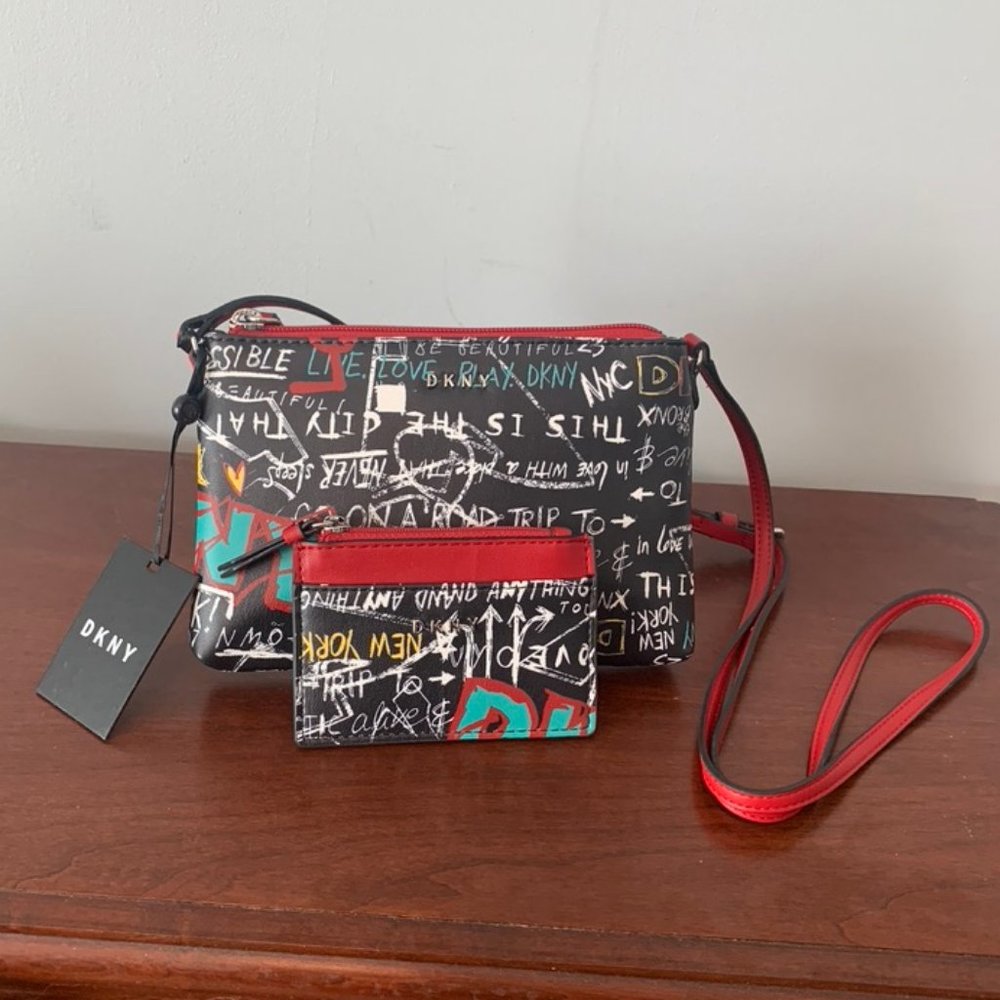 DKNY Black Graffiti Crossbody / Card Case Set